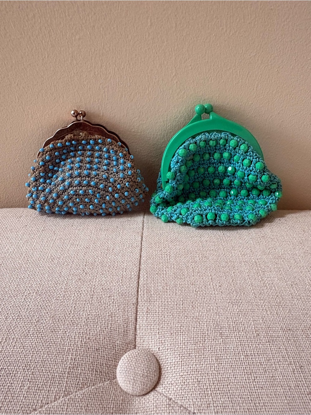 Vintage Handmade Crochet Beaded Blue and Green Coin Purse ( SOLD AS SET)